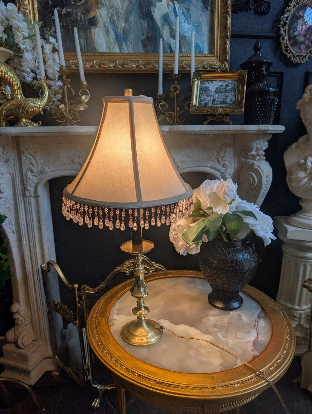 Vintage Brass MCM Hollywood Regency Candlestick Table lamp w/ beaded shade 23